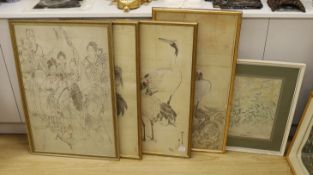 Japanese School, five watercolours, studies of cranes, figures and flowers, signed, largest 88cm x
