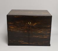 A Victorian coromandel wood two door decanter box, with two decanters and six glasses,