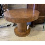 An Art Deco style circular walnut low table, diameter 62cm, height 44cm