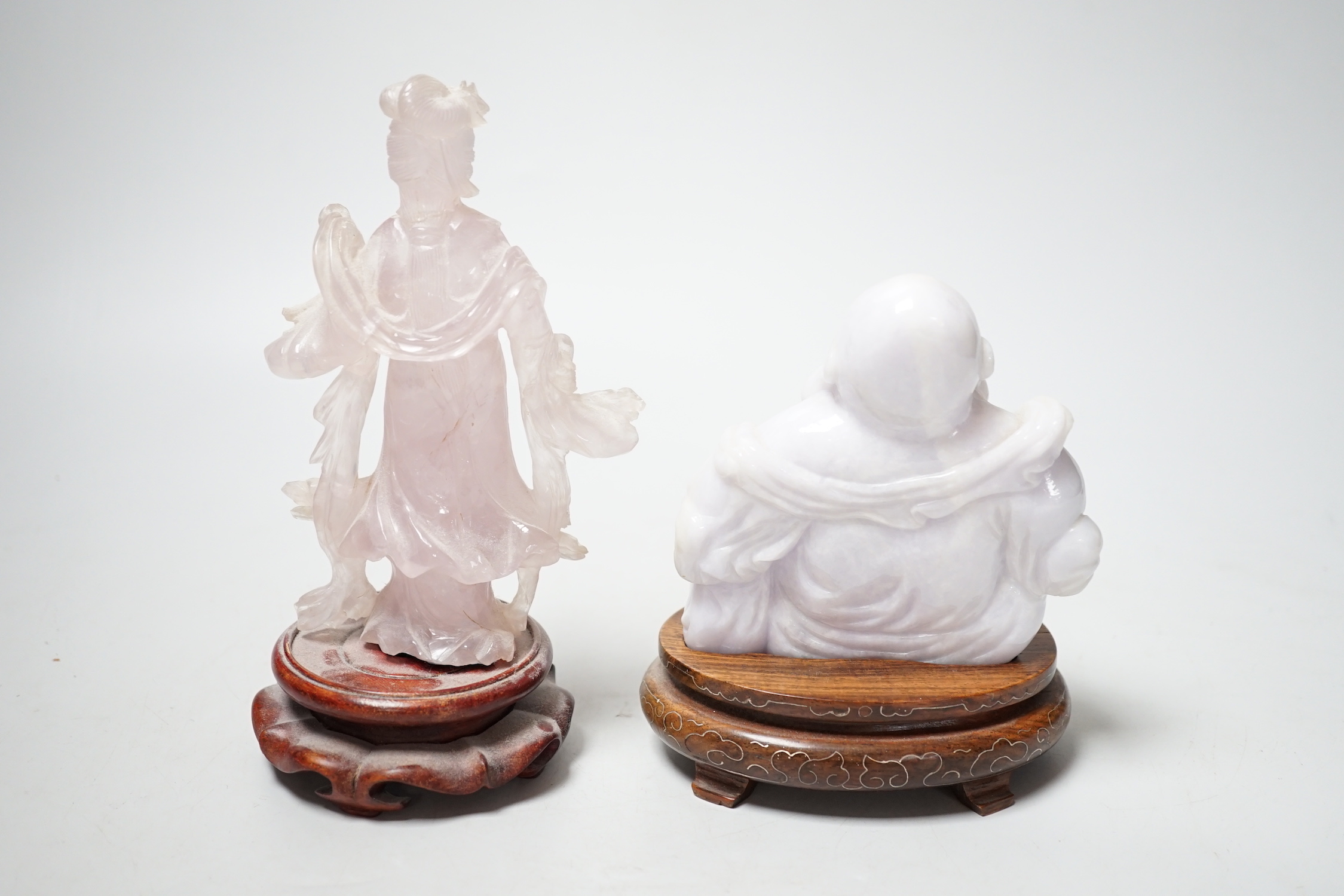 A Chinese jadeite figure of Budai, 11cm high and a rose quartz figure of a lady, wood stands - Image 4 of 4
