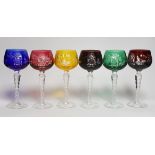 A harlequin set of six colour flashed German hock glasses, 19cm high