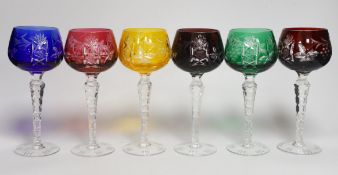 A harlequin set of six colour flashed German hock glasses, 19cm high