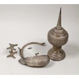 Two Persian? white metal items including a pot and cover with spire finial, 23.2cm, one item a.f.