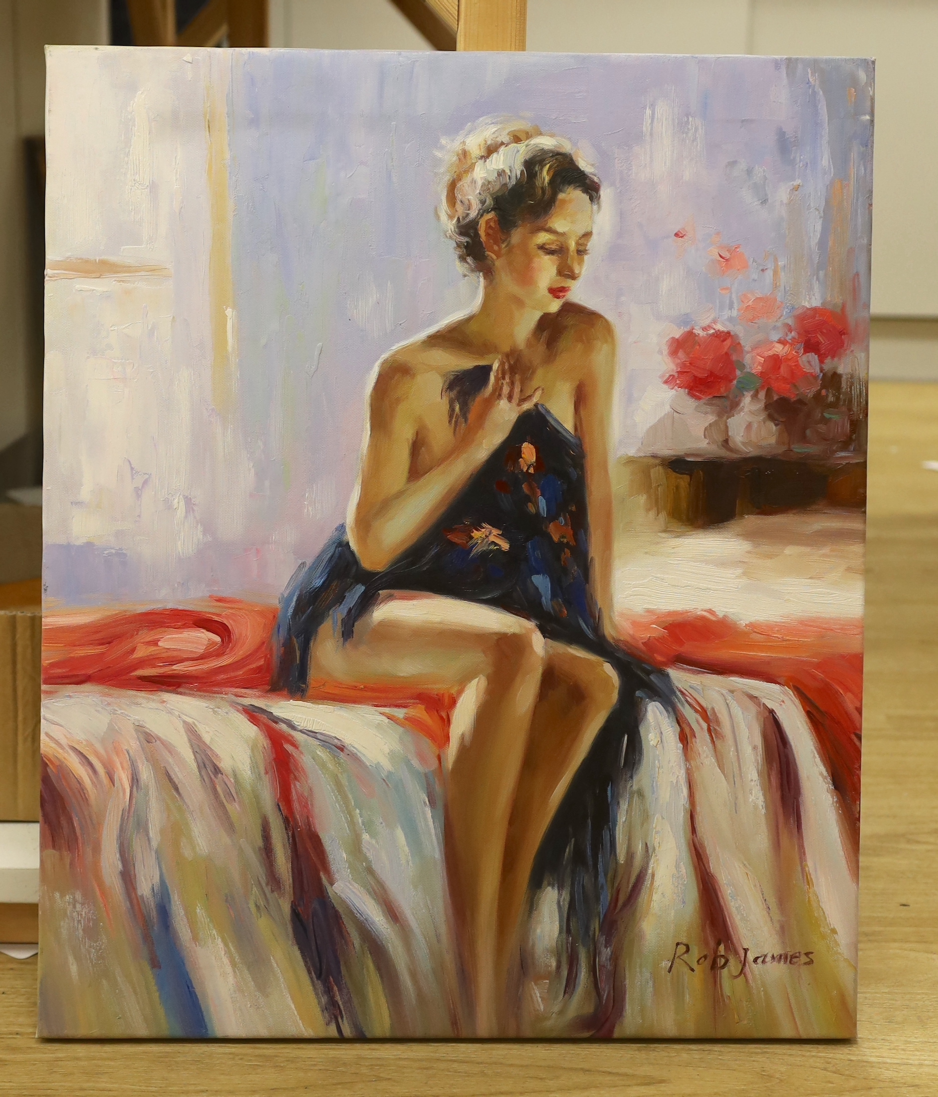 Rob James, acrylic on canvas, Model seated upon a bed, signed, 61 x 51cm, unframed - Image 2 of 4
