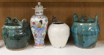 Two Chinese Shiwan pots, a 19th century Chinese famille rose ‘cockerel’ vase and cover and a