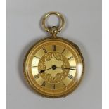 A late Victorian engraved 18ct gold open faced fob watch, maker, WMCC, case diameter 40mm, gross
