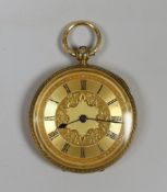 A late Victorian engraved 18ct gold open faced fob watch, maker, WMCC, case diameter 40mm, gross