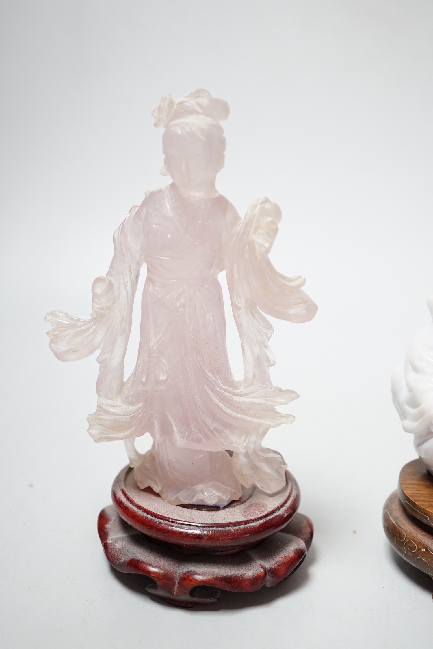 A Chinese jadeite figure of Budai, 11cm high and a rose quartz figure of a lady, wood stands - Image 2 of 4