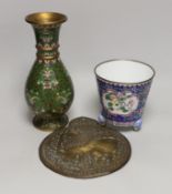 A Chinese Guangzhou enamel vase, a cloisonné enamel vase and an Indonesian brass panel, tallest 26cm