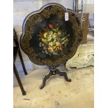 A Victorian style circular floral painted tilt top tripod table, width 68cm, height 66cm