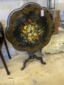 A Victorian style circular floral painted tilt top tripod table, width 68cm, height 66cm