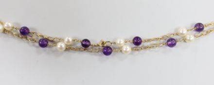 An Italian Uno-A-Erre 750 yellow metal, cultured pearl and amethyst bead set necklace, 68cm, gross