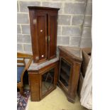 Three George III and later oak and mahogany hanging corner cupboards, largest 80cm, depth 44cm,
