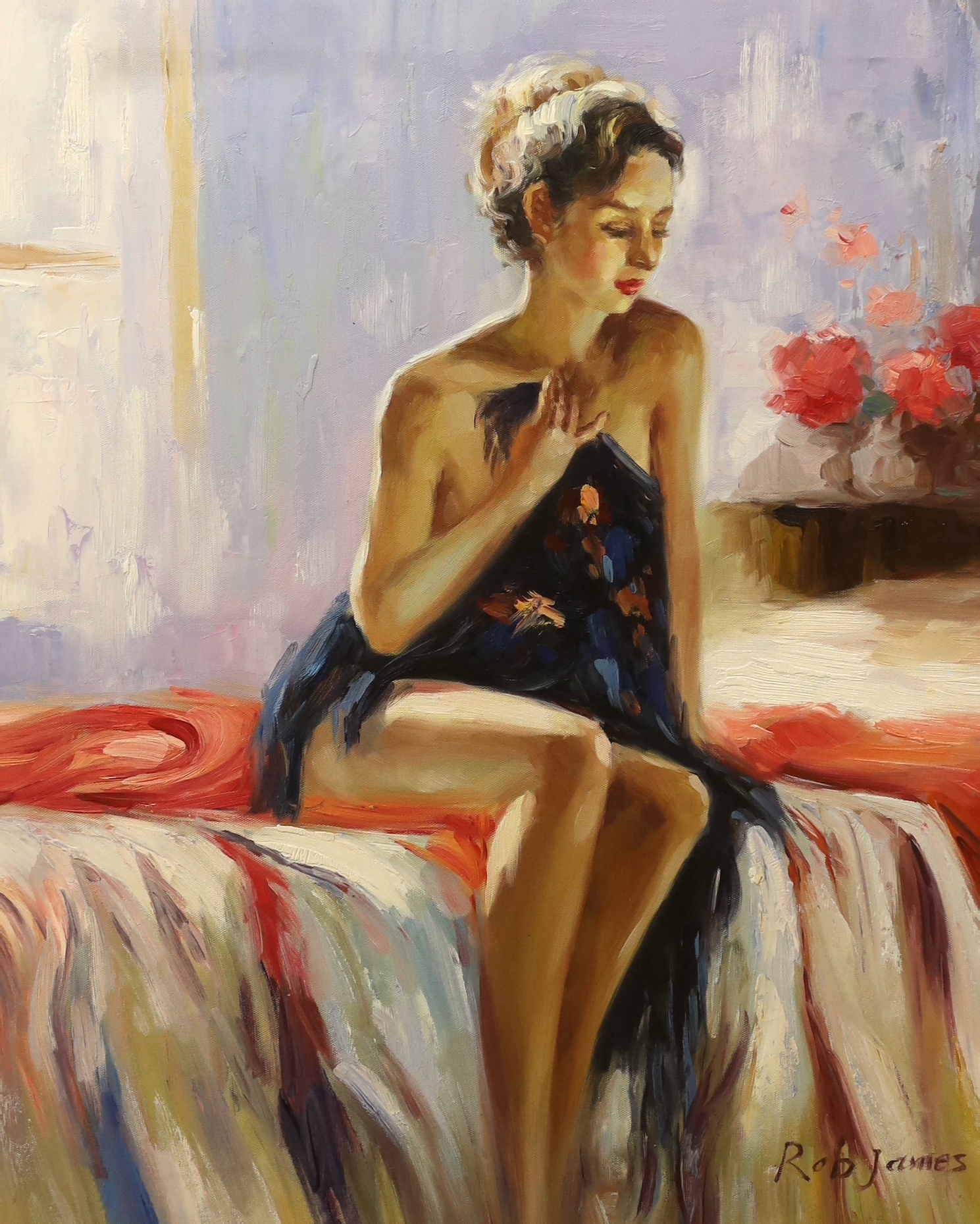 Rob James, acrylic on canvas, Model seated upon a bed, signed, 61 x 51cm, unframed