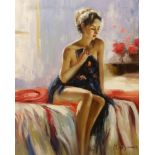 Rob James, acrylic on canvas, Model seated upon a bed, signed, 61 x 51cm, unframed