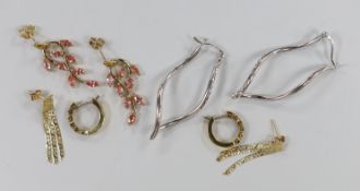 A modern pair of 18ct gold, emerald and diamond cluster set hoop earrings, 12mm, gross weight 2.8