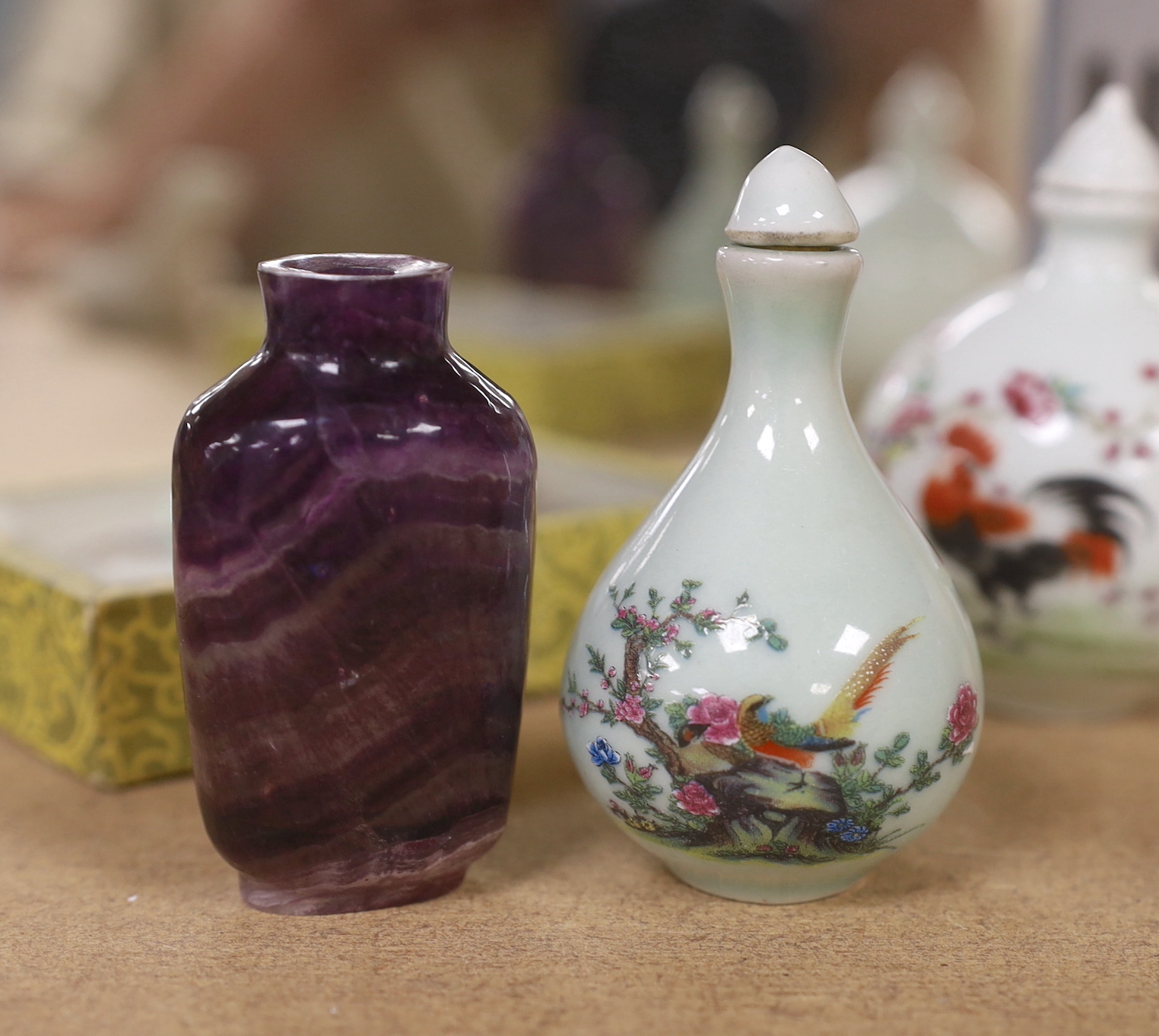 A collection of Oriental and Chinese items including quartz and hand painted snuff bottles, the - Image 3 of 6