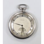 A mid 20th century chromium cased Longines open faced pocket watch, case diameter 46mm, with