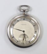 A mid 20th century chromium cased Longines open faced pocket watch, case diameter 46mm, with