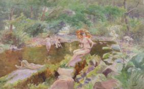 Walter Schröder (fl. 1885-1932), watercolour, Bathing beauties beside a river, signed, 27 x 43cm