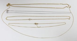 Four assorted modern 9ct gold chains, longest 44cm, 6.4 grams and one 18ct white gold chain, 44cm,