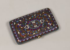 A late 19th/early 20th century Russian 84 zolotnik and cloisonné enamel cigarette case, 97mm,