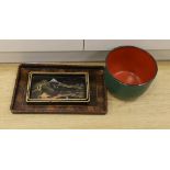 A Thai lacquer bowl and three Japanese lacquer rectangular trays, bowl 18.5cm high