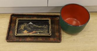 A Thai lacquer bowl and three Japanese lacquer rectangular trays, bowl 18.5cm high