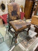 A George II style walnut and tan leather side chair, width 57cm, depth 58cm, height 93cm