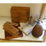 A quantity of mixed treen collectables including a French box, hat stand, til tray, bone inlaid