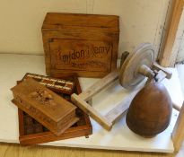 A quantity of mixed treen collectables including a French box, hat stand, til tray, bone inlaid