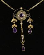 An early 20th century 9ct, amethyst and seed pearl set triple drop pendant necklace, overall 48cm,