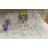 A collection of wine glasses including six flashed glass examples, the largest 23cm high