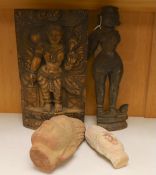 Two Indian carved stone deity heads and two Indian carved figures of Hindu deities, tallest 32cm