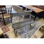 A vintage wrought iron slatted wood garden bench, length 112cm, depth 66cm, height 80cm