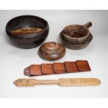 A group of treen, including chip-carved love token, 35cm (9)