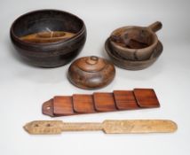 A group of treen, including chip-carved love token, 35cm (9)