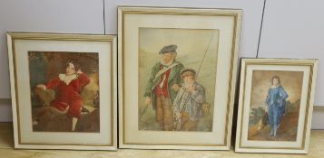 W.A. Hawkins, three watercolours, 'Steady, Johnnie...Steady!' after Erskine Nicol, 36 x 25cm, 'The