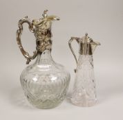 A modern silver mounted liqueur jug, Sheffield, 1993, 20.5cm and a plated mounted claret jug.