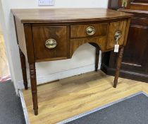 A Regency mahogany bow front three drawer side table, width 95cm, depth 52cm, height 80cm