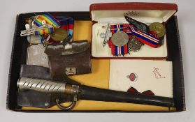 A WWI medal awarded to 990 PTE. F. GROCUTT. S. STAFF. R. together with other various medals, badges,