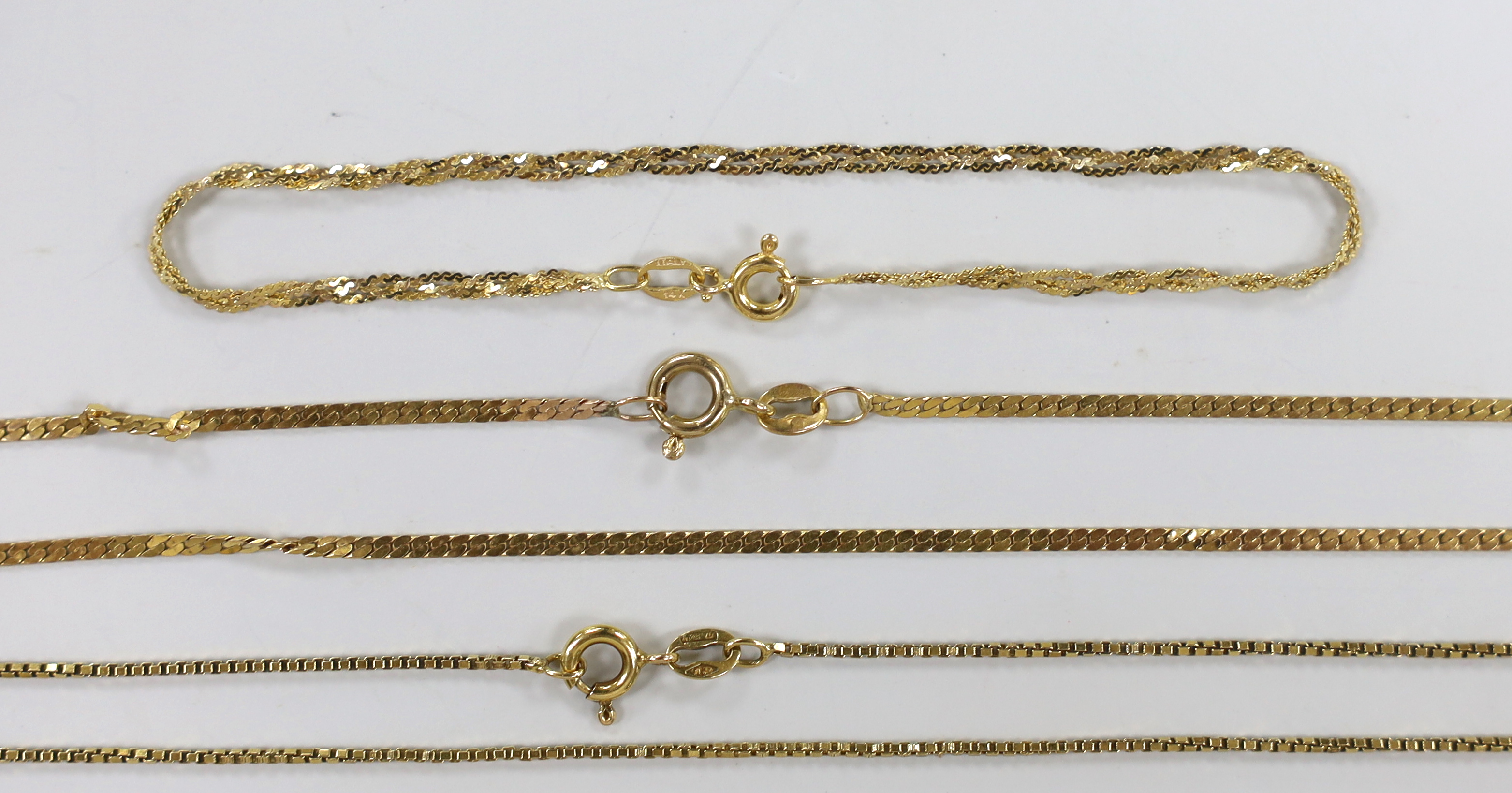 A modern 18k fine link chain, 40cm, 3.4 grams, two 14k bracelets, 2.7 grams, three 9ct chains (2 a. - Image 5 of 5