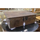 A 17th century carved oak bible box, width 72cm, depth 52cm, height 23cm
