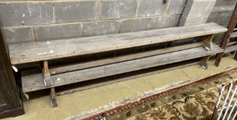 A pair of vintage gym benches, length 267cm, depth 25cm, height 31cm