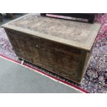 A brass mounted carved hardwood Zanzibar chest, width 110cm, depth 54cm, height 61cm