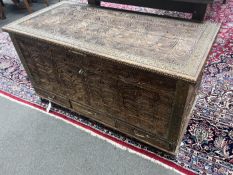 A brass mounted carved hardwood Zanzibar chest, width 110cm, depth 54cm, height 61cm