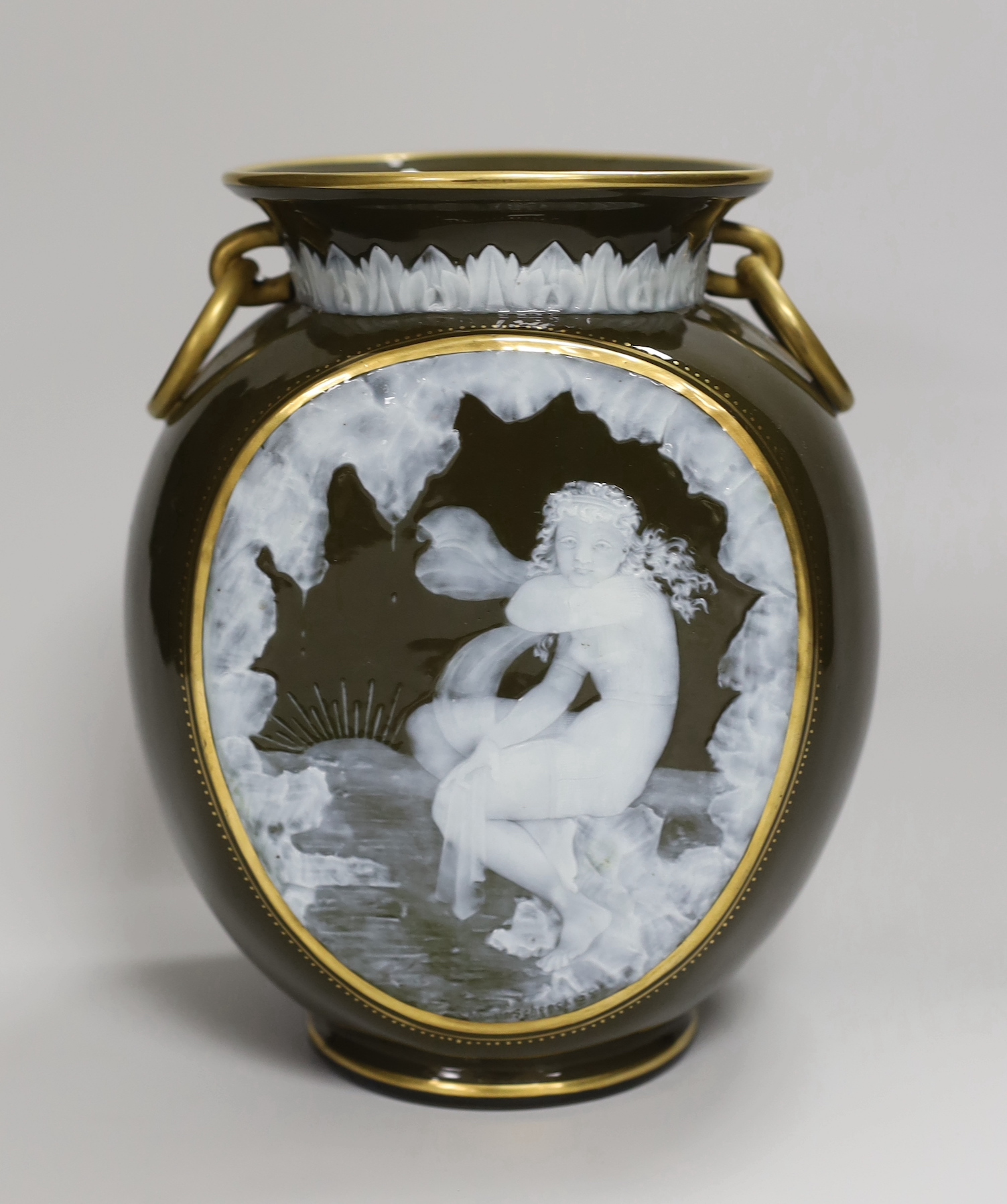 A George Jones pate sur pate vase decorated with a girl by Frederick Schenck, signed, 20cm