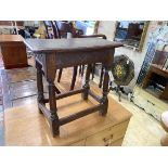 An 18th century and later rectangular oak joint stool, width 57cm, depth 29cm, height 56cm