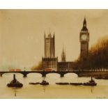 H. Mann, oil on canvas, Houses of Parliament from the Thames, signed and dated 1972, 65 x 79cm