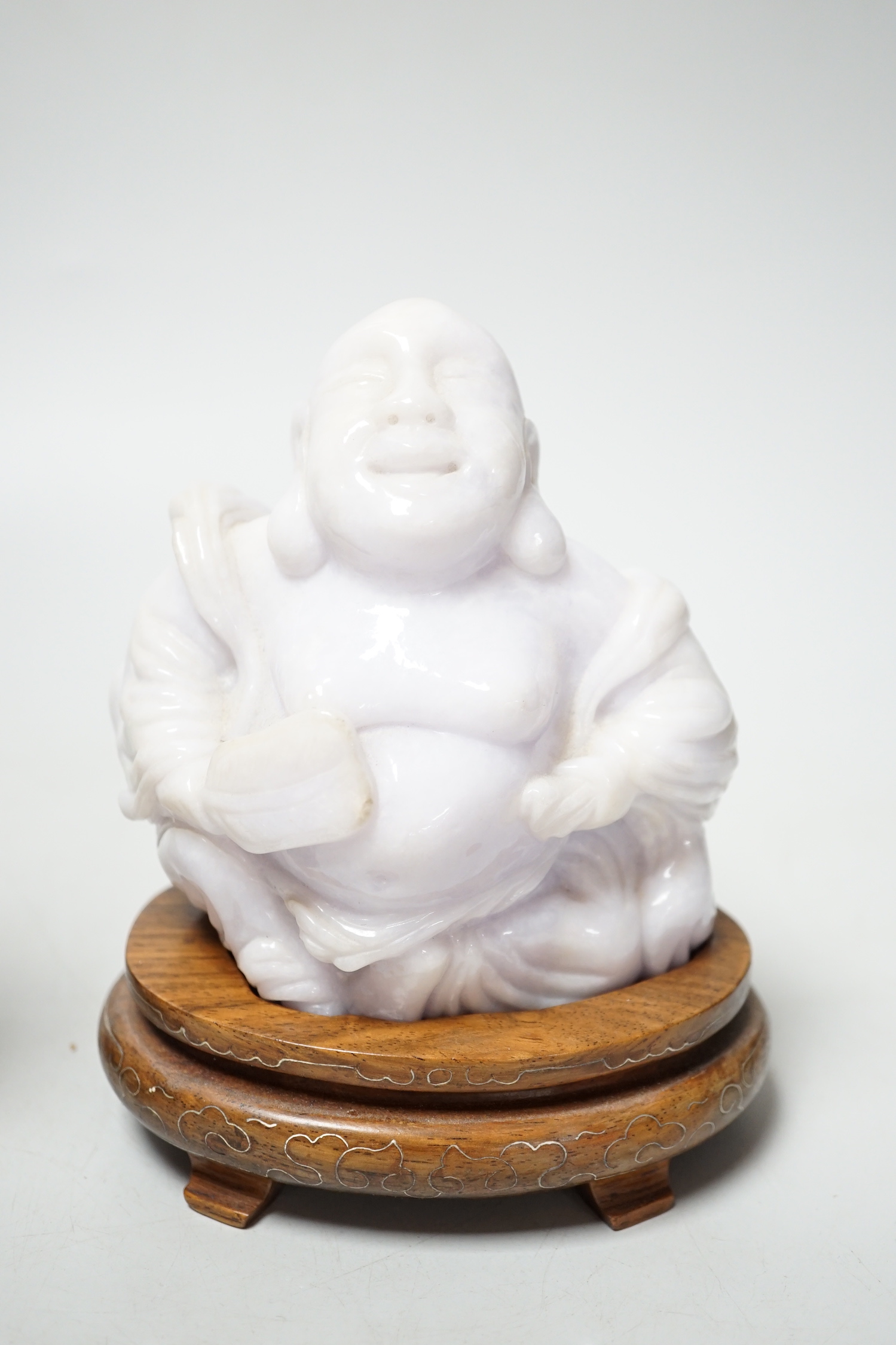 A Chinese jadeite figure of Budai, 11cm high and a rose quartz figure of a lady, wood stands - Image 3 of 4